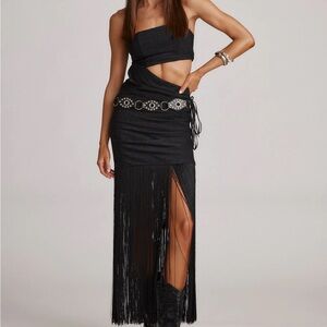 Black strapless fringe maxi